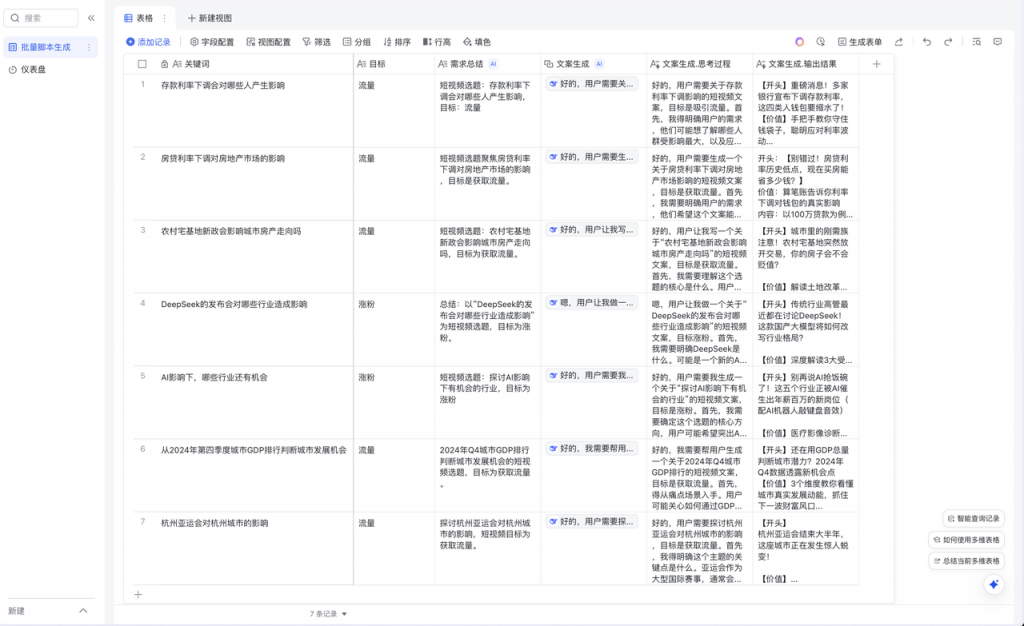 DeepSeek + 飞书多维表格：批量短视频文案生成